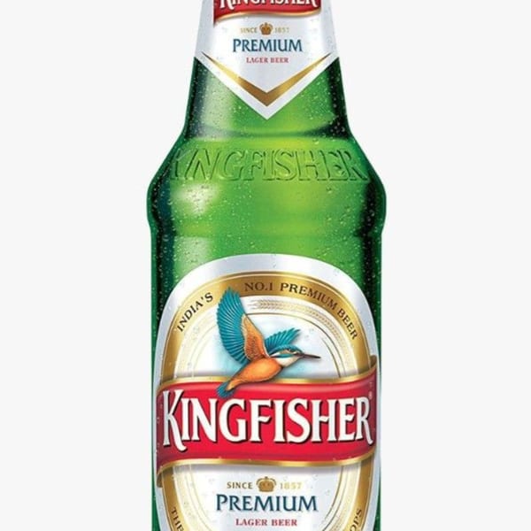 A green bottle of Kingfisher Premium Lager Beer with a white and gold label.