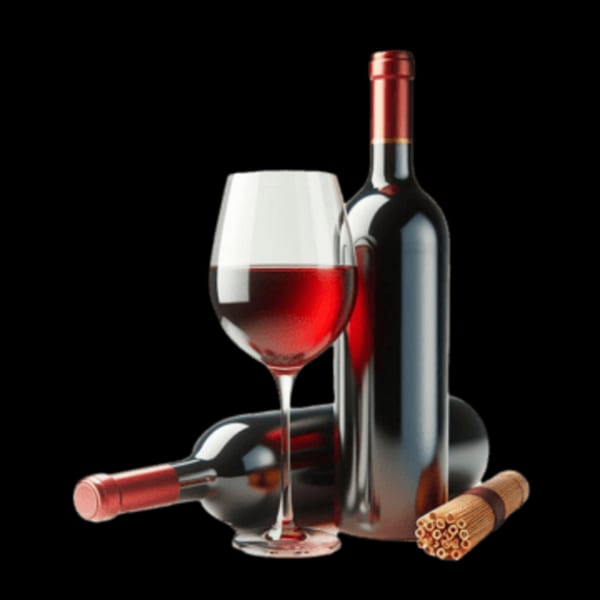 Two red wine bottles, one standing and one lying, with a full glass of red wine and cinnamon sticks.