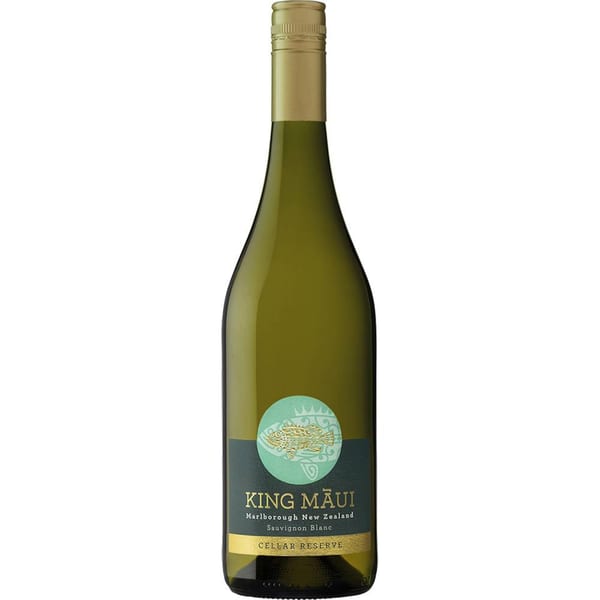 A bottle of King Maui Cellar Reserve Sauvignon Blanc wine with a green label.
