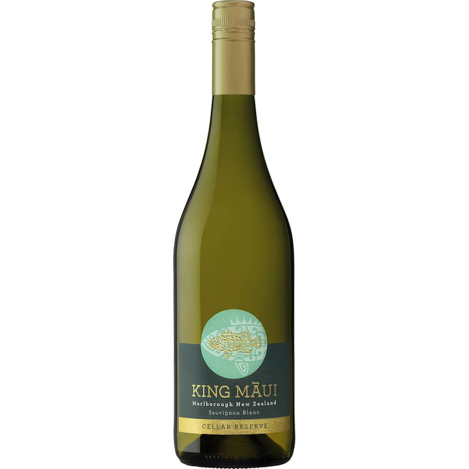 A bottle of King Maui Cellar Reserve Sauvignon Blanc wine with a green label.