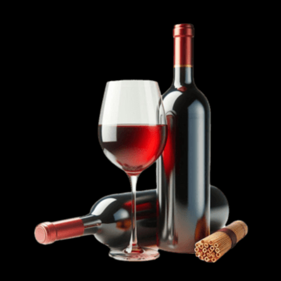 Two red wine bottles, one standing and one lying, with a full glass of red wine and cinnamon sticks.